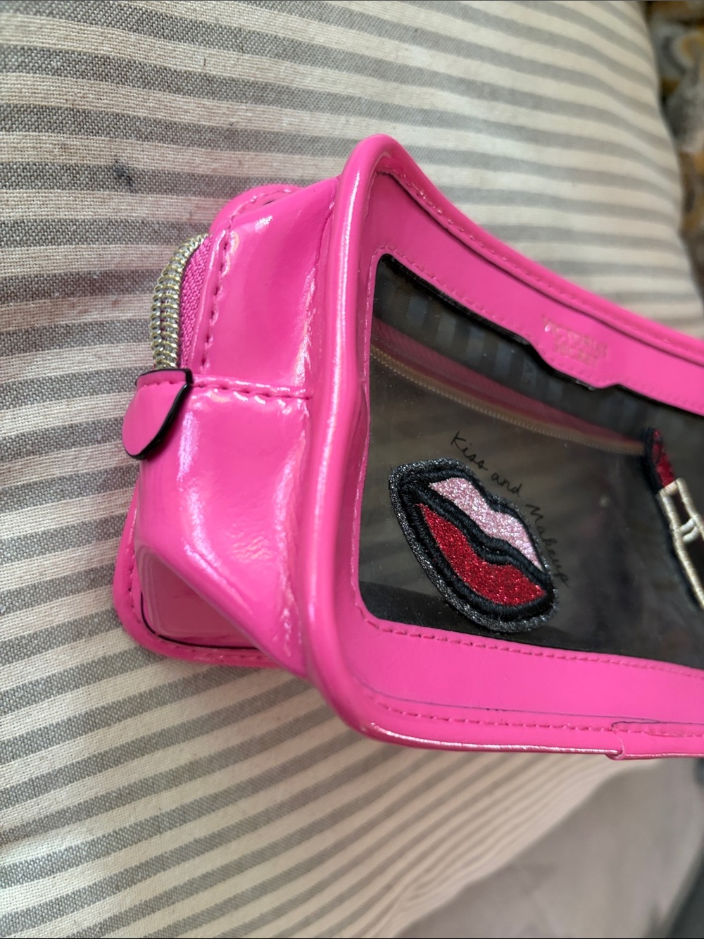 Victoria's Secret Hot Pink Clear Cosmetic Pouch with Lip & Lipstick Appliqués - Picture 3 of 9